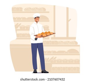 Bakery Industry, Pastry and Baked Food Production and Manufacture. Man Chef Baker in Sterile Uniform and Hat Holding Tray with Fresh Hot Baked Bread Just Taken from Oven. Cartoon Vector Illustration