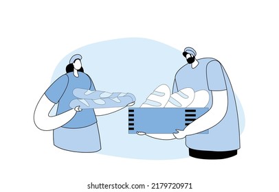 Bakery Industry, Pastry and Baked Food Production and Manufacture. Bakers in Sterile Uniform and Hat Holding Tray with Fresh Hot Baked Bread Just Taken from Oven. Line Art Flat Vector Illustration