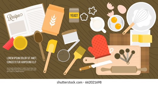 bakery ingredient and utensils in top view such as eggs, milk jug, wheat flour, whisk, measuring spoon on wooden background, flat design vector for banner or poster