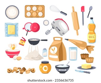 Bakery ingredients. Cartoon flour, sugar and eggs with utensils for baking desserts, flat food packaging design. Vector food set of bakery, flour to cooking, milk and butter illustration