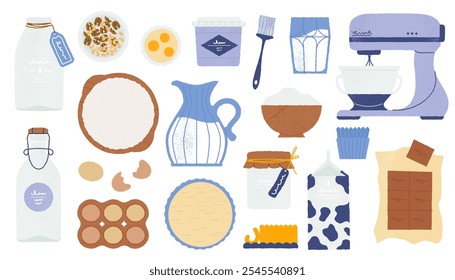 Bakery ingredients. Cartoon kitchen utensils and baking tools with flour sugar eggs butter and vanilla, cooking equipment flat style. Vector set.