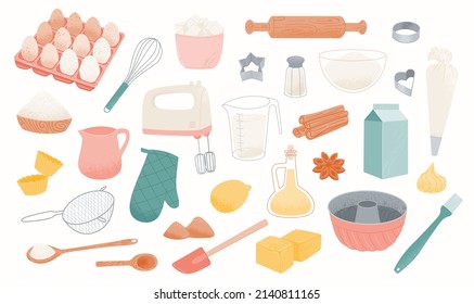 Bakery ingredients icons: baking flour  eggs  butter  cream  sugar   milk  Prepare  cook  pastry products   utensils    vector icon set in doodle hand style 
