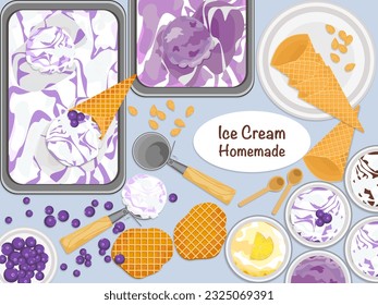 Bakery ingredients and kitchen utensils on light gray background. Baking background, flour, eggs, sugar, chocolate, white chocolate, making cookies and waffles on flat table top view.