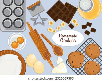 Bakery ingredients and kitchen utensils on light gray background. Baking background. Flour, eggs, sugar, chocolate, nuts, butter. Bake cookies. Flat table-top view.