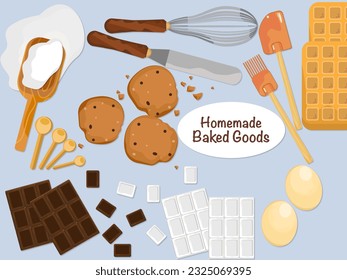 Bakery ingredients and kitchen utensils on light gray background. Baking background, flour, eggs, sugar, chocolate, white chocolate, making cookies and waffles on flat table top view.