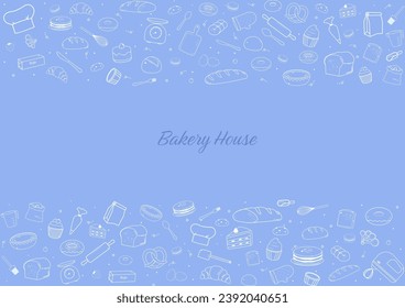 Bakery, ingredients, and kitchen utensils outline icons on a blue background with copy space. Hand-drawn and doodle style.