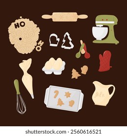 Bakery ingredients set. Baking cooking Merry Christmas cookies. Homemade cooking. Vector illustration design elements isolated on brown background.  EPS 10