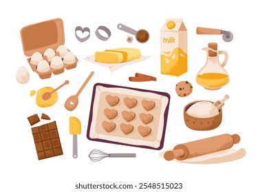 Conjunto de ingredientes de padaria. Cozimento caseiro, preparação de pastelaria. Ilustração de vetor plano.