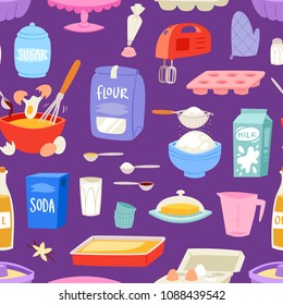 Bakery ingredients vector food and kitchenware for baking cake set of eggs flour and milk for dough illustration of cooking cupcake or pie with cookware in kitchen seamless pattern background