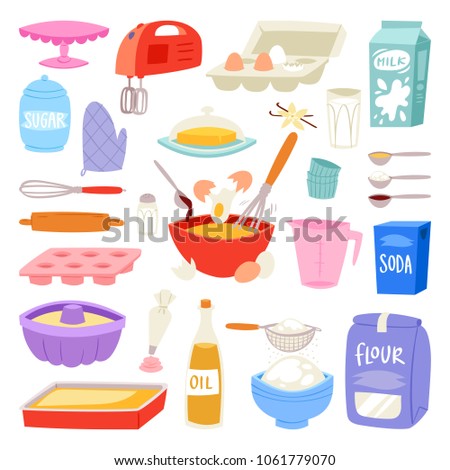 Bakery ingredients vector food and kitchenware for baking cake set of eggs flour and milk for dough illustration of cooking cupcake or pie with cookware in kitchen isolated on white background