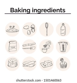 Bakery ingridients set hand drawn doodle set. Vector illustration. Isolated elements on white background. Symbol collection.