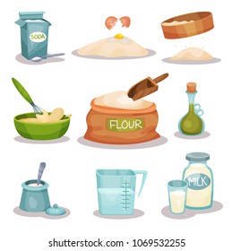 Bakery ingridients set, kitchen utensils and products for baking and cooking vector Illustrations on a white background