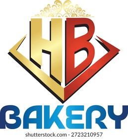 Logotipo de las iniciales de panadería con letras Grandes doradas y rojas elemento de la corona real