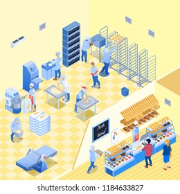 Bakery inside with staff during work and shop with bread pastry and customers isometric vector illustration