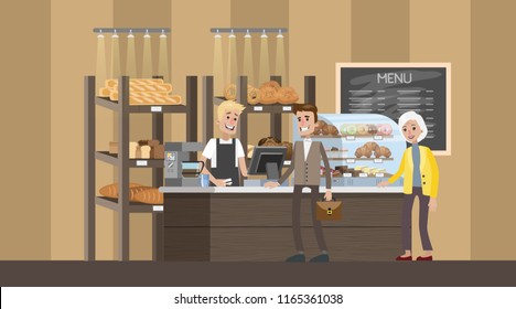 Bakery interior with clients. Shop counter with showcase full of baked goods. People standing in line for bread. Vector flat illustration