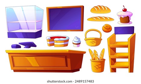 Panadería muebles interiores y productos. Conjunto de Ilustración vectorial de dibujos animados de vitrina de vidrio y barra de mostrador de madera, rack y tabla para carteles, pan recién horneado y baguette, pasteles dulces y bollo.