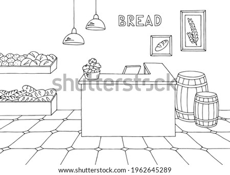 Bakery interior graphic black white sketch illustration vector