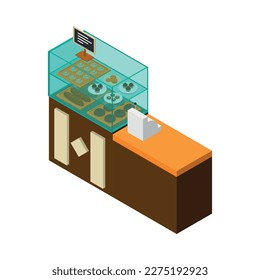 Bakery interior isometric icon with cashdesk and glass display with bread and pastry 3d vector illustration