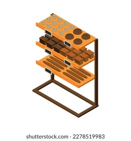 Icono isométrico interior panadería con pan fresco y pastelería en estanterías Icono vectorial 3d