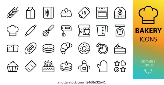 Panadería iconos aislados conjunto. Juego de pan, pan, lavash, pastel, pastel, donut, croissant, cheesecake, panqueques, cupcake, horno, estufa, mezclador, herramientas de hornear, ingredientes de panadería, pan de pita icono de Vector