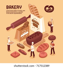 Bakery isometric concept with fresh bread bakers and delivery person 3d vector illustration