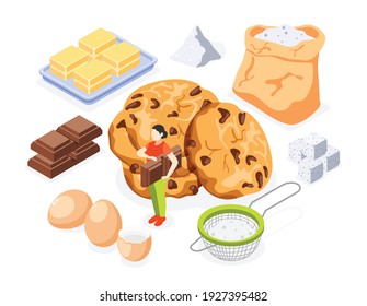 Bakery isometric icons set of flour sugar butter eggs chocolate and prepared cookies isolated vector illustration