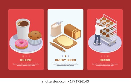 Bakery isometric vertical banners set with fresh bread desserts rolling pin and baker 3d isolated vector illustration