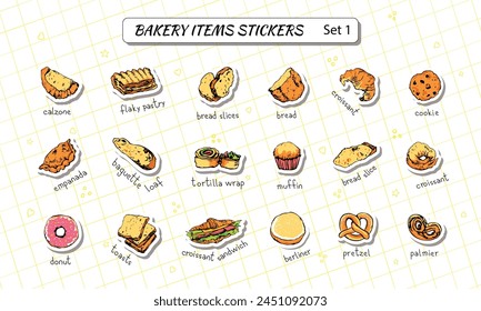 Bakery items. 18 cut to size stickers for cafe, scrapbooking, diary etc. Hand drawn, editable