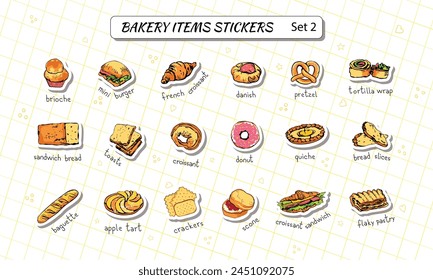 Bakery items. 18 cut to size stickers for cafe, scrapbooking, diary etc. Hand drawn, editable