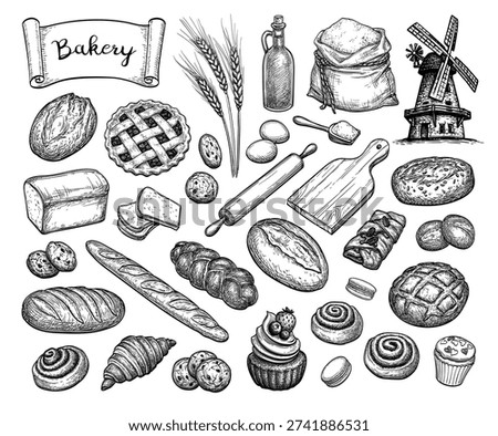 Bakery items. Bread, croissants, rolls, pie, wheat, and old windmill. Collection of vintage hand-drawn engraving illustration. Ink sketches.