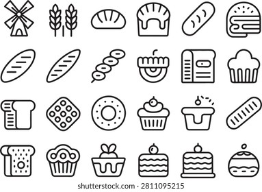 Bakery Items and Breads in a Minimalist Line Art Style Featuring Bread, Pastry, Cupcake with Donut and Muffin Elements for Cake