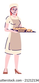 Ilustración del vector de color RGB semiplana en la posición del trabajo de panadería. Chef de pastelería con personaje de caricatura aislado en bandeja sobre fondo blanco