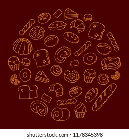 Bakery kids hand drawing set pattern background circle shape illustration orange color isolated on brown background