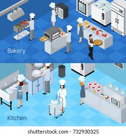 Bakery kitchen interior furniture equipment appliances  2 horizontal isometric banners with cooking staff members isolated vector illustration 