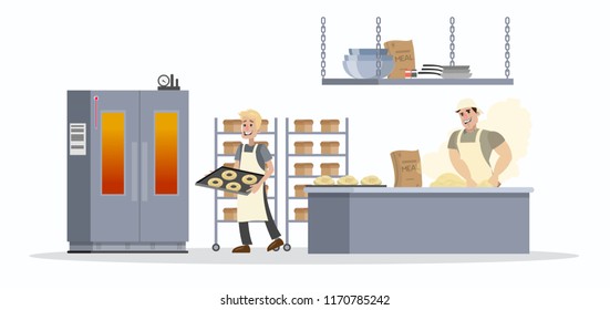 Bakery kitchen interior with smiling workers and different equipment. People baking tasty bread and donuts. Flat vector illustration