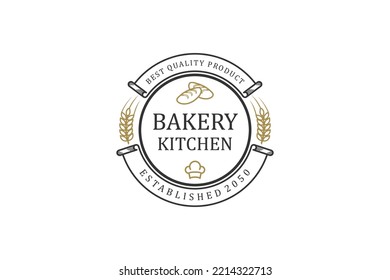 Bakery kitchen logo design with grain wheat cake bake icon vintage badge food illustration rounded shape