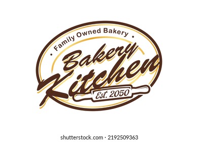 Bakery kitchen rolling pin logo design cake kitchen restaurant handmade vector oval shape