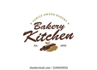 Bakery kitchen rolling pin logo design cake kitchen restaurant handmade vector oval shape