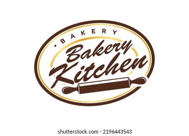 Bakery kitchen rolling pin logo design cake kitchen restaurant handmade vector oval shape