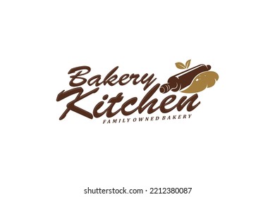 Bakery kitchen rolling pin logo design batter cake kitchen restaurant handmade vector