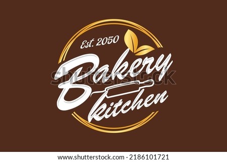 Bakery kitchen rolling pin logo design cake kitchen restaurant handmade vector oval shape