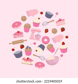 Bakery and kitchen utensil in round shape. Design with cake, cupcake, doughnut, and cookie.