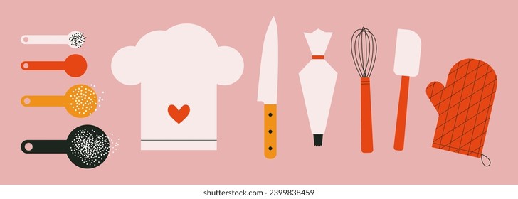 Bakery and kitchen utensils. Kitchenware collection, tools. Equipment and cutlery for cooking. Cook appliances and accessories set. Flat vector illustration of cookware objects. Trendy abstract style.