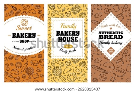 Bakery label. Baked bread logo design, product stickers with backed pastry and desserts, flour loaf baguette, croissant and bun. Bakery shop logo vector set.
