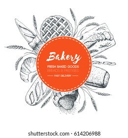 Bakery label with bread, buns toast, croissant, French toast and pie. Background template for design. Engraved food image. Bakery sketch
