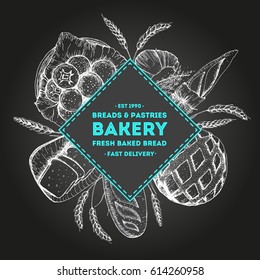 Bakery label with bread, buns, toast, croissant, French toast. Background template for design. Engraved food image. Bakery sketch