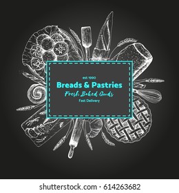 Bakery label with bread, buns, toast, croissant, French toast and pie. Background template for design. Engraved food image. Bakery sketch