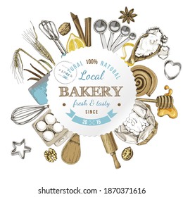 Bakery label with hand drawn ingredients and kitchen utensils. Easy to use your own types. Vector illustration in retro style.