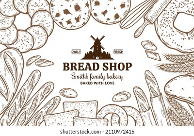 Bakery label or package design template. Bread and bakery sketches, vector food icons