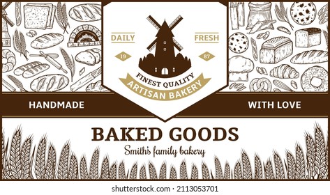 Bakery label or package design template. Bread and bakery illustrations, food sketches, vector icons